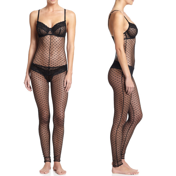 NEW Mimi Holliday Black Scarlet Ibis Catsuit Sheer Mesh Fishnet Heart Dots S